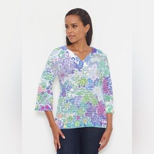 WHIMSY ROSE Floral Graffiti V Neck Tunic size Large